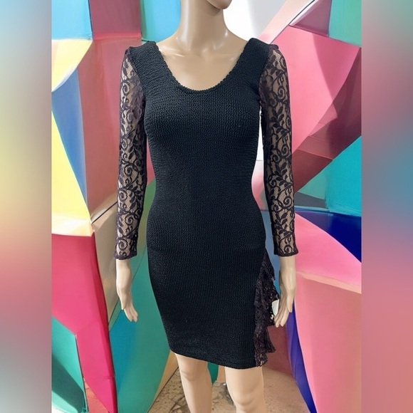 True vintage 80’e STEPPIN' OUT bodycon black spandex waffle stretch Party Dress - Picture 1 of 11